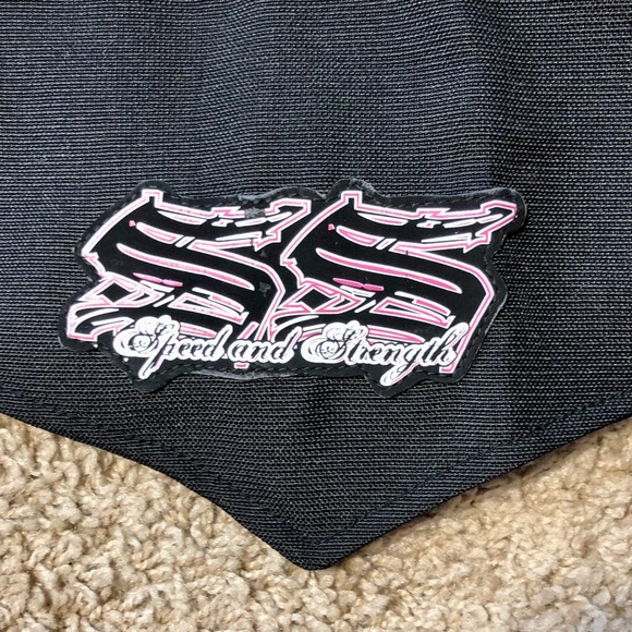 Speed and strength black/pink w/bling motorcycle jacket & matching chaps - Picture 6 of 16